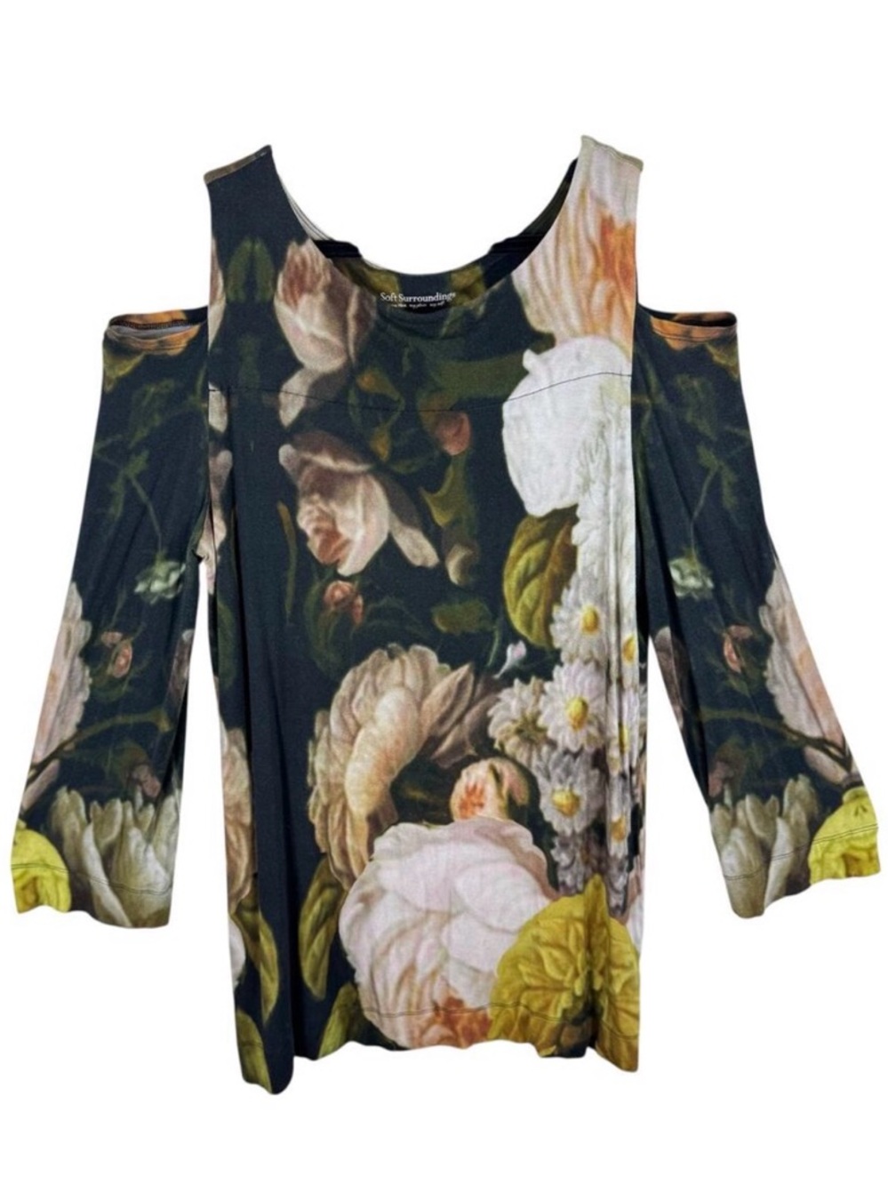 Soft Surroundings Floral Rose Print Cold Shoulder Stretchy Soft Blouse Size M